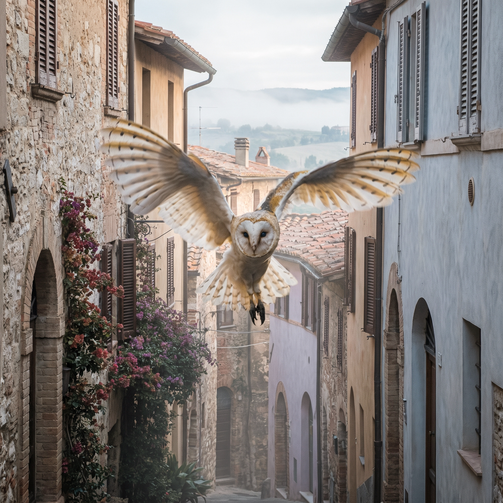A wise owl in flight over an Italian village